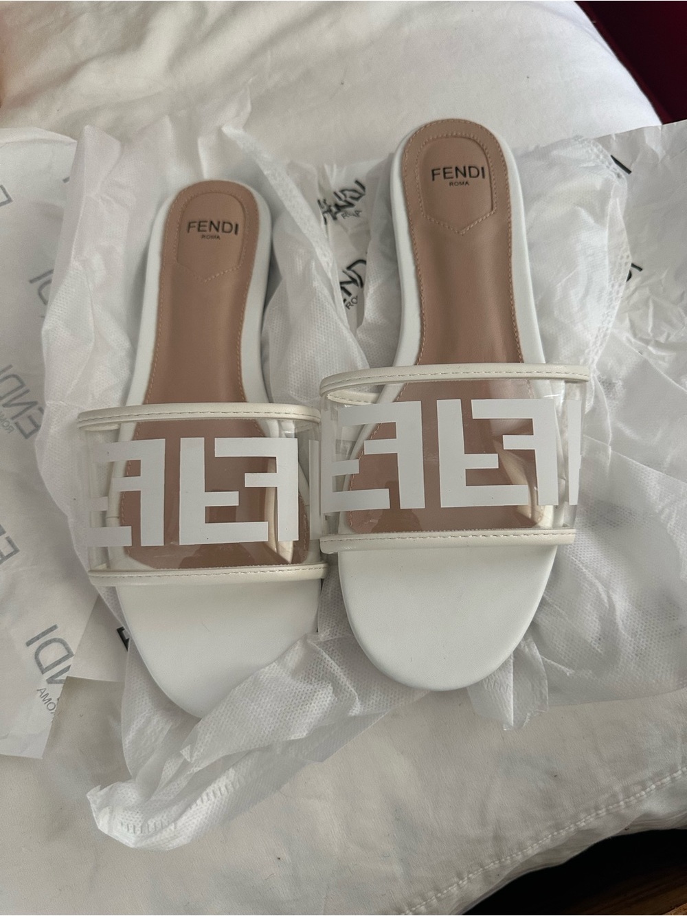 Fendi White and Nude Logo Clear-Band Slide Mules